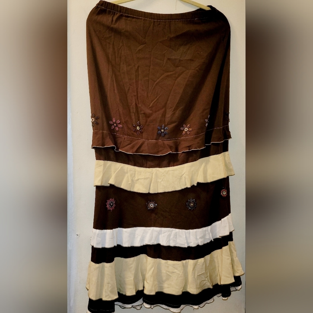 Cordelia Tiered Boho Flower Beaded Brown And Tan Maxi Skirt Size S Cottage core - Picture 3 of 8